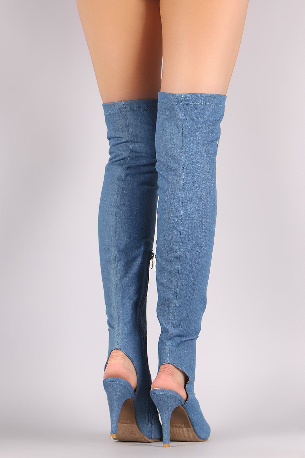 Denim Peep Toe Lace Up Heeled Over-The-Knee Boots