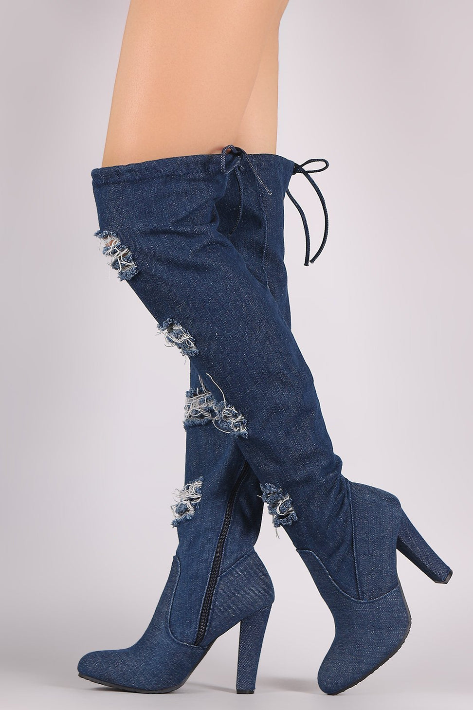 Distressed Denim Almond Toe Chunky Heeled Over-The-Knee Boots - NoveltyOne