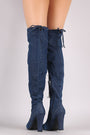 Distressed Denim Almond Toe Chunky Heeled Over-The-Knee Boots - NoveltyOne