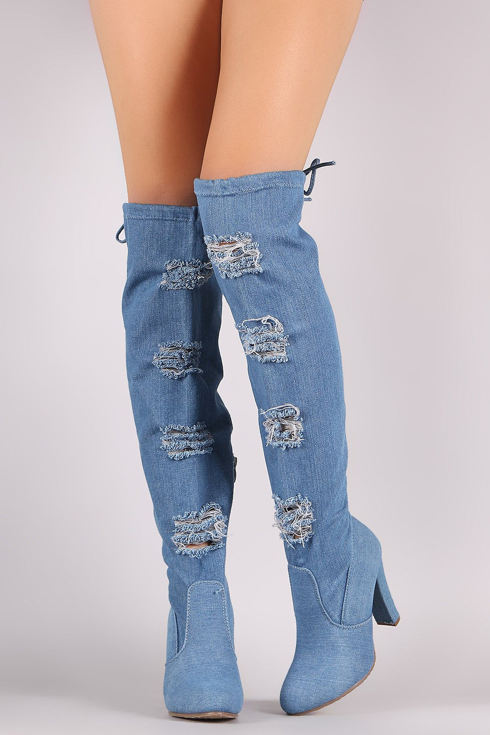 Distressed Denim Almond Toe Chunky Heeled Over-The-Knee Boots - NoveltyOne