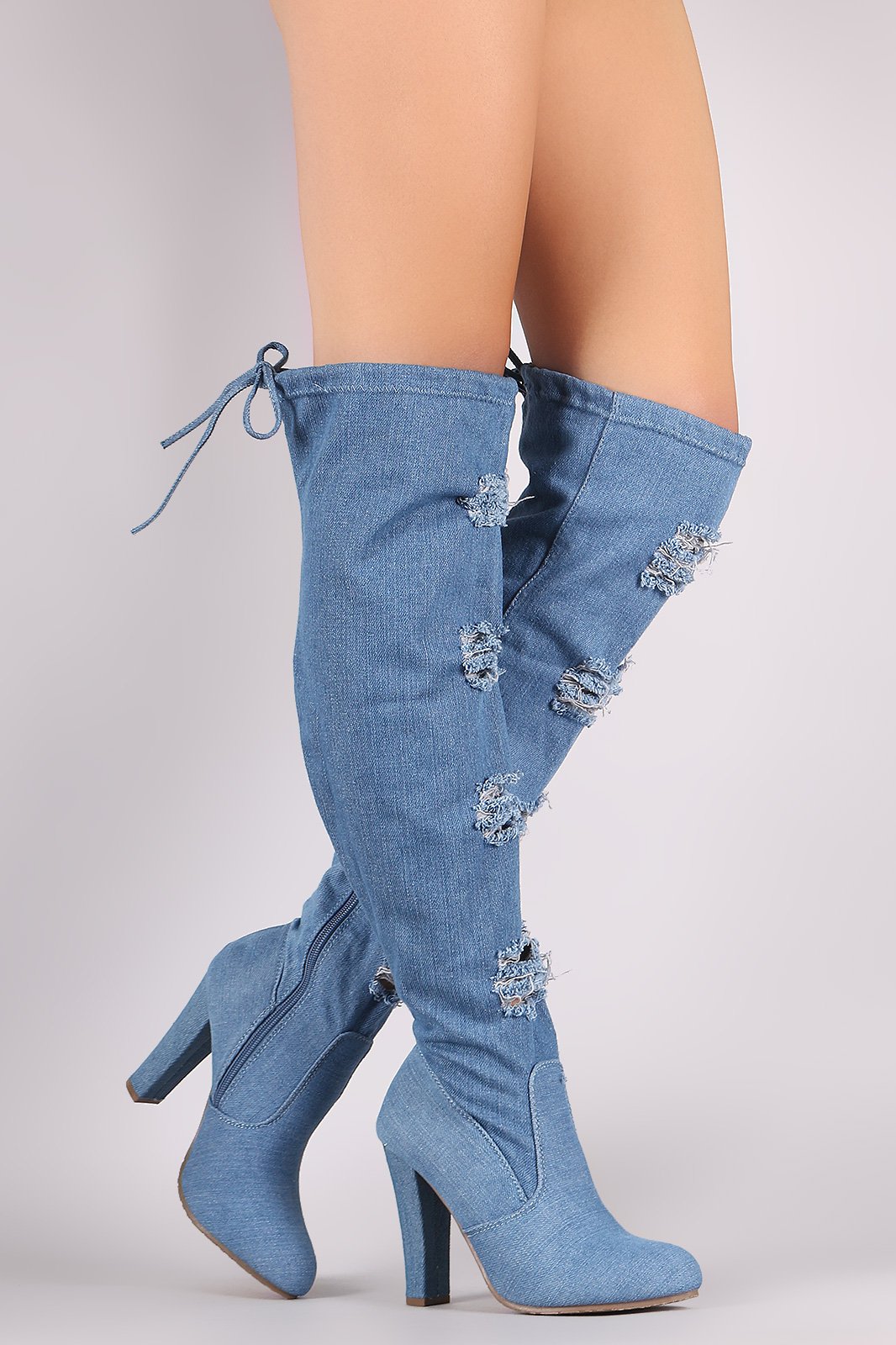 Distressed Denim Almond Toe Chunky Heeled Over-The-Knee Boots - NoveltyOne