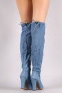 Distressed Denim Almond Toe Chunky Heeled Over-The-Knee Boots - NoveltyOne