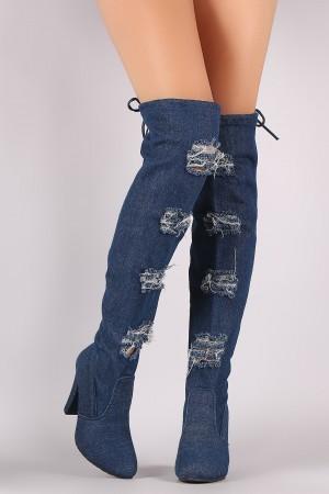Distressed Denim Almond Toe Chunky Heeled Over-The-Knee Boots - NoveltyOne