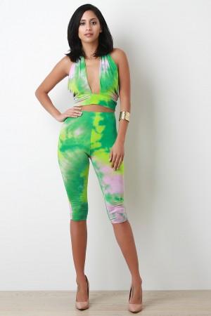 Tie Dye Jersey Knit Halter Crop Top With Capri Leggings Set