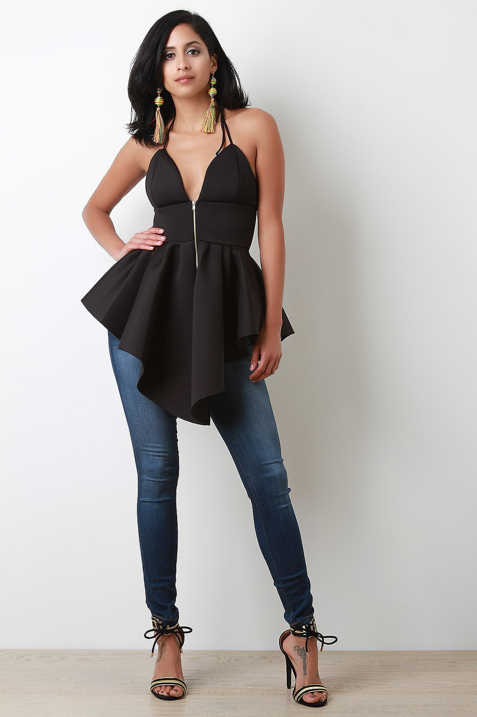 Scuba Knit Zippered Front Halter Peplum Top
