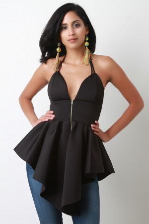 Scuba Knit Zippered Front Halter Peplum Top