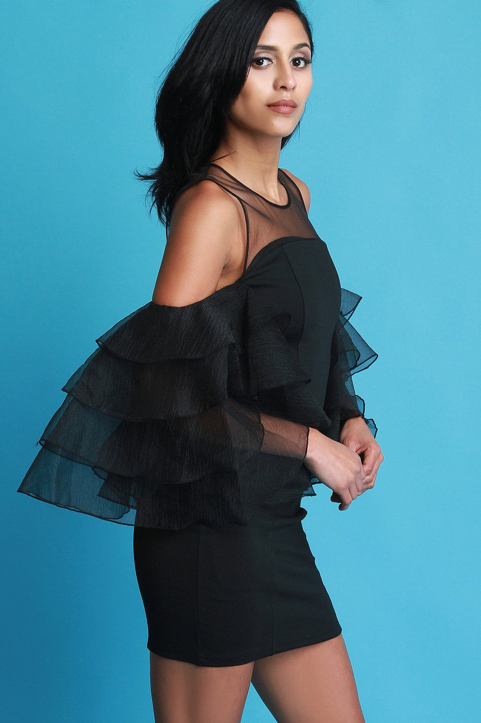 Ruffle Sleeves Cold Shoulder Bodycon Dress