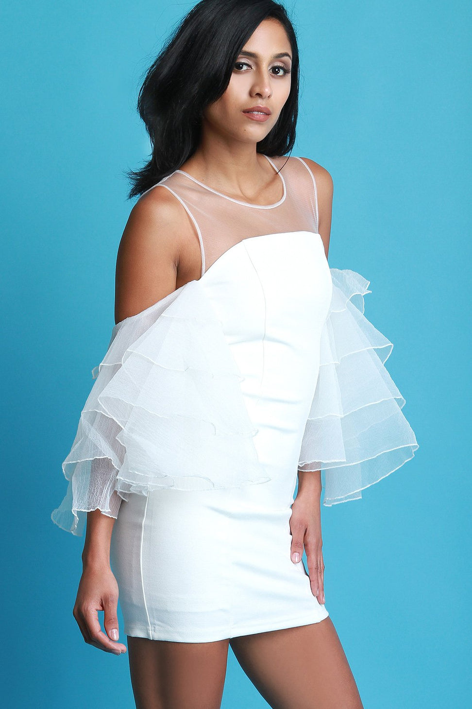 Ruffle Sleeves Cold Shoulder Bodycon Dress