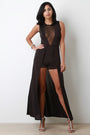 Plunging Mesh Center Sleeveless Romper Maxi Dress