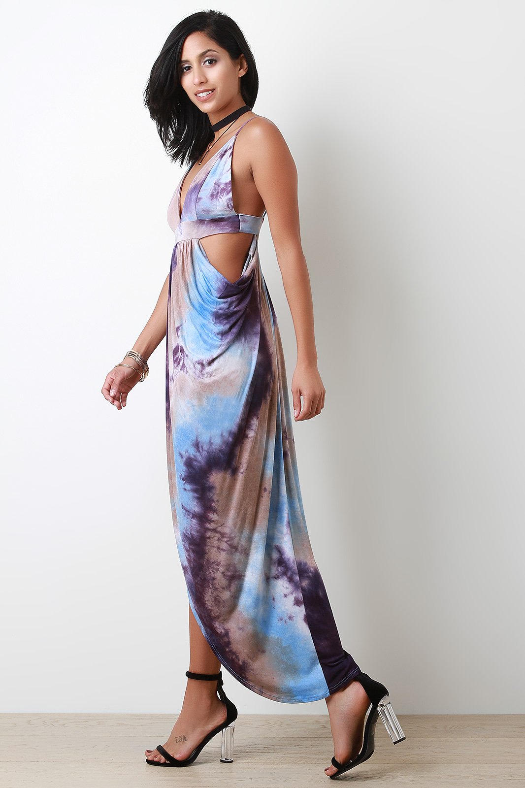 Tie Dye Cutout Draped Tulip Maxi Dress