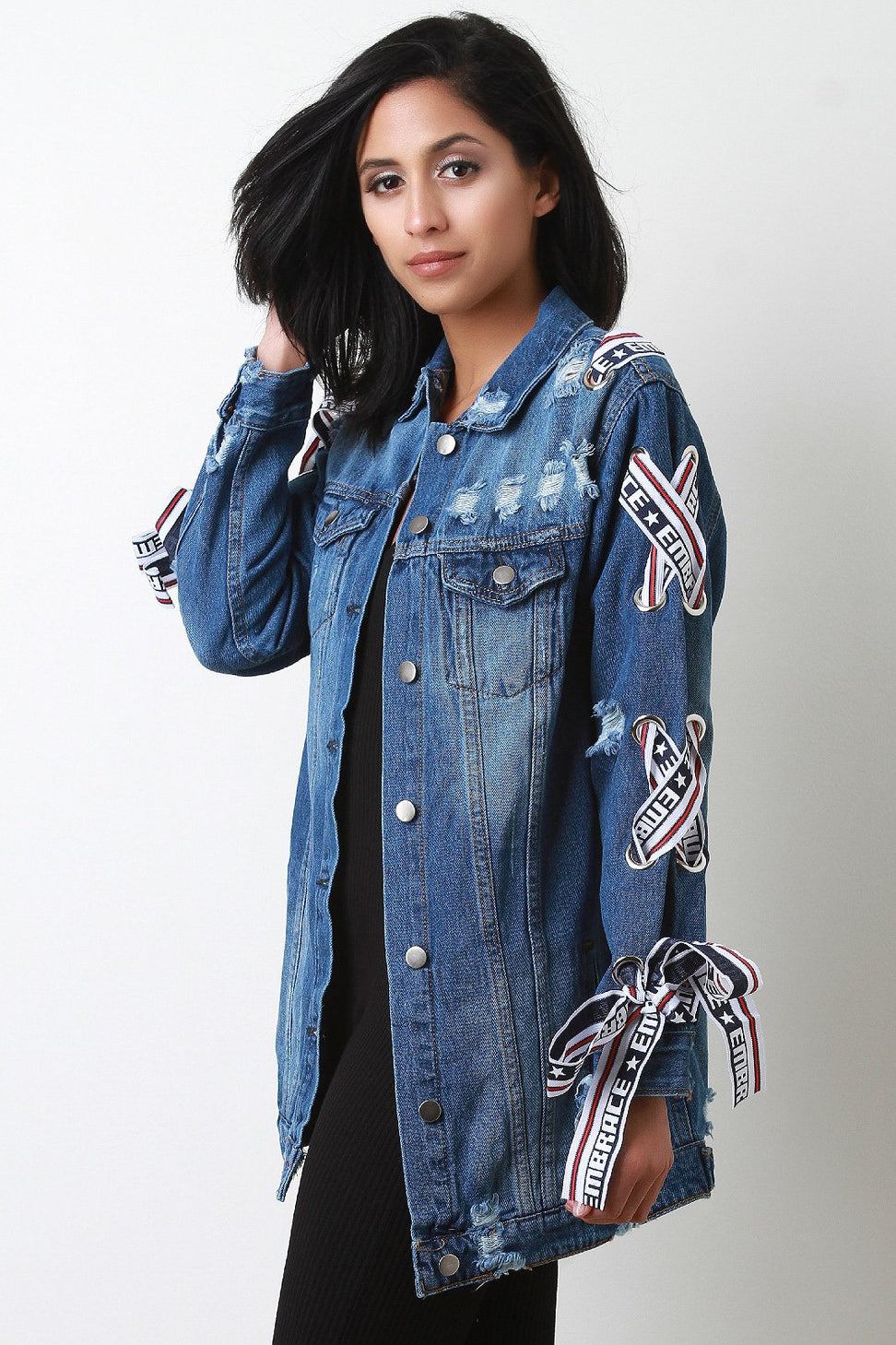 Embrace Ribbon Lace Up Distressed Denim Jacket