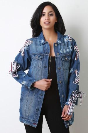 Embrace Ribbon Lace Up Distressed Denim Jacket