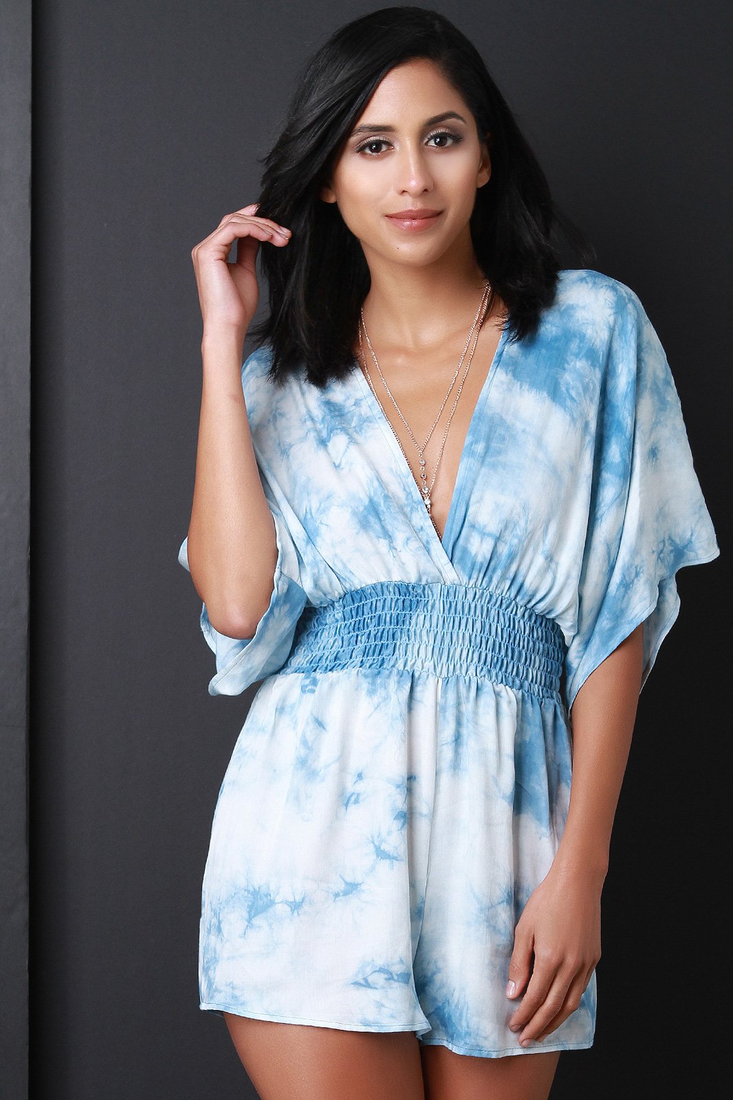 Tie Dye V-Neck Dolman Sleeves Smocked Romper