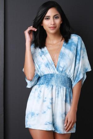 Tie Dye V-Neck Dolman Sleeves Smocked Romper