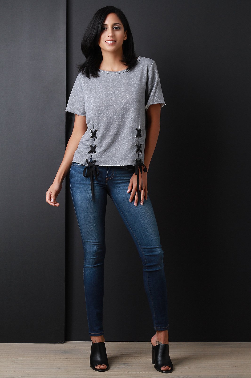 Raw Cut French Terry Lace Up Short Sleeve Top