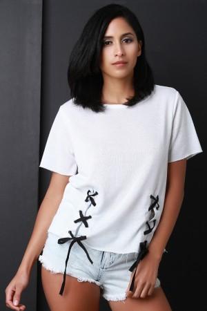 Raw Cut French Terry Lace Up Short Sleeve Top