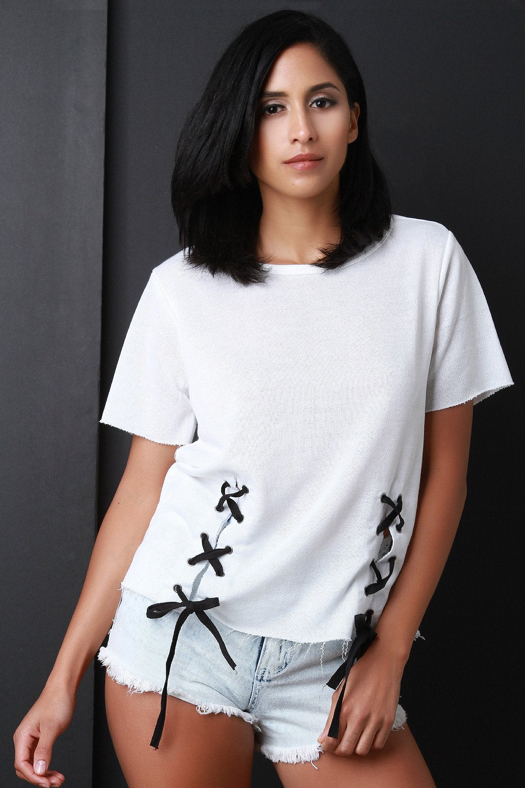 Raw Cut French Terry Lace Up Short Sleeve Top