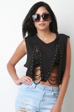 Grommet Lace Up Sleeveless Crop Top
