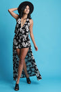 Plunging V-Neck Halter Floral Romper Maxi Dress