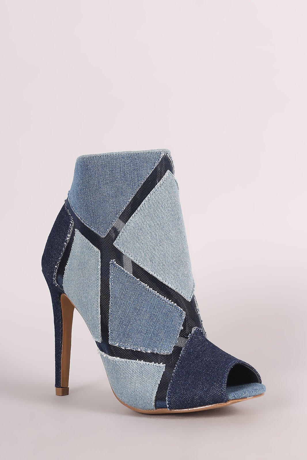 Shoe Republic LA Patchwork Denim Mesh Inset Booties