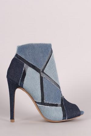 Shoe Republic LA Patchwork Denim Mesh Inset Booties