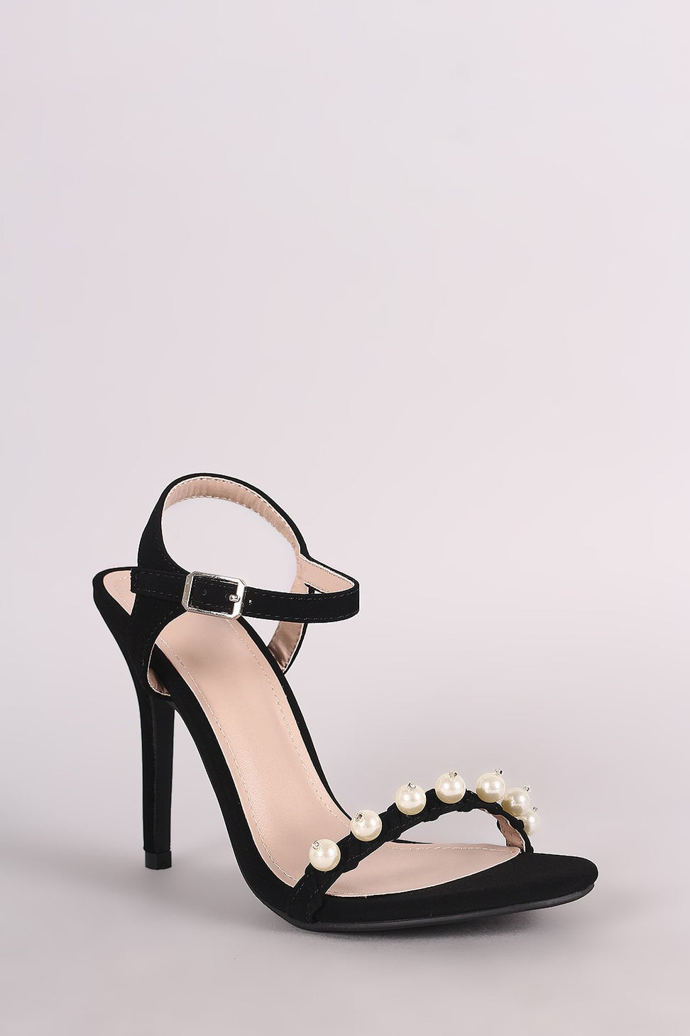 Shoe Republic LA Nubuck Open Toe Faux Pearl Stiletto Heel
