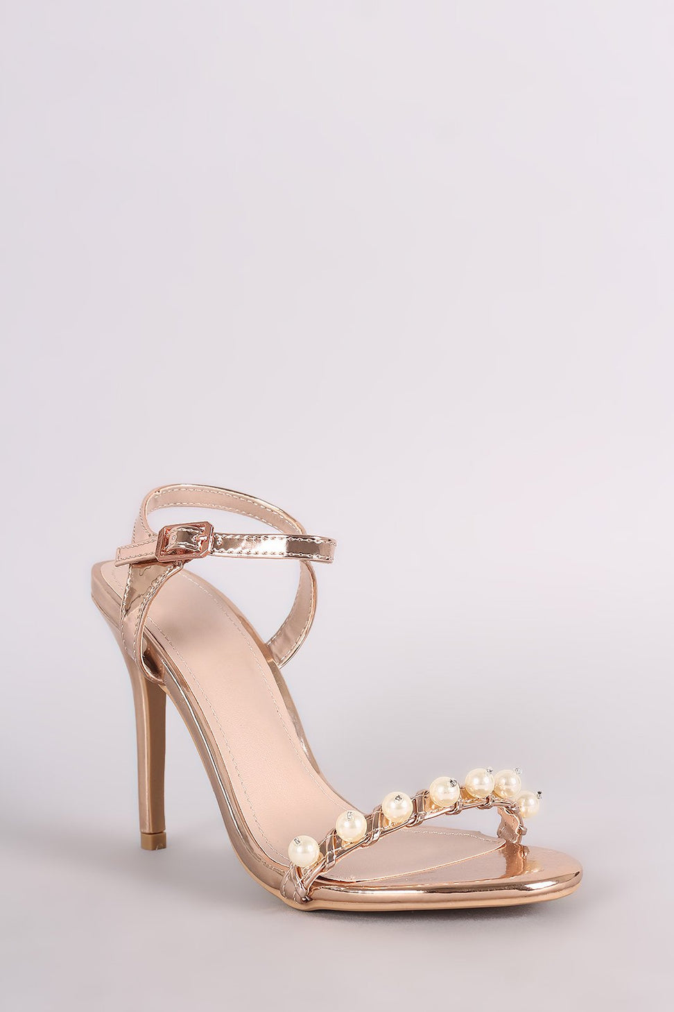 Shoe Republic LA Metallic Open Toe Faux Pearl Stiletto Heel