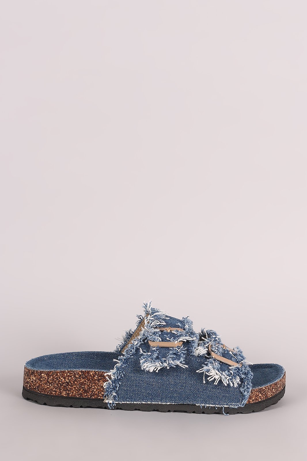 Frayed Denim Open Toe Buckled Cork Footbed Slide Sandal - NoveltyOne