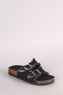 Frayed Denim Open Toe Buckled Cork Footbed Slide Sandal - NoveltyOne