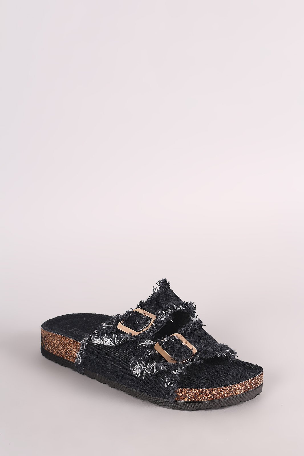 Frayed Denim Open Toe Buckled Cork Footbed Slide Sandal - NoveltyOne