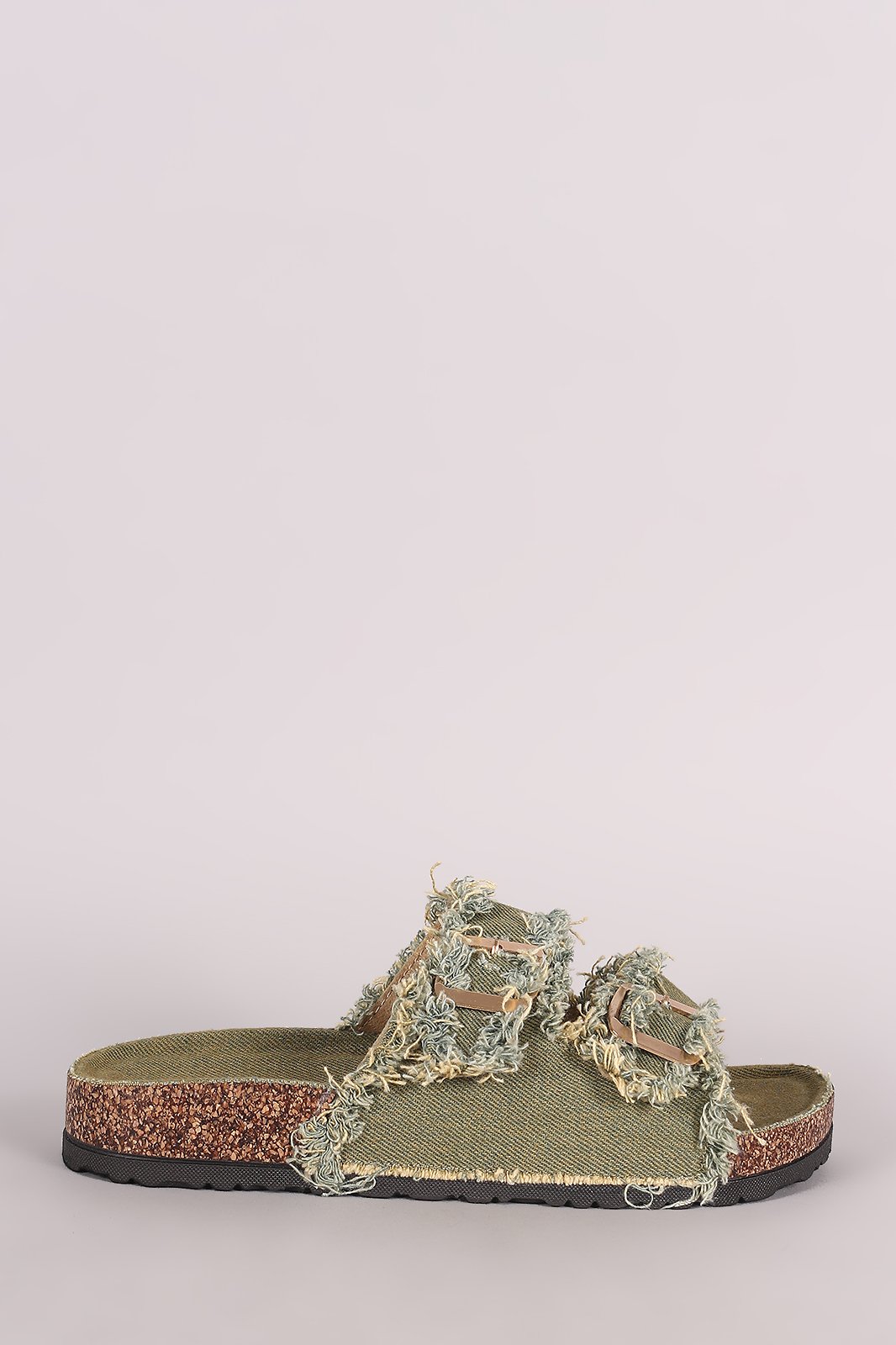 Frayed Denim Open Toe Buckled Cork Footbed Slide Sandal - NoveltyOne