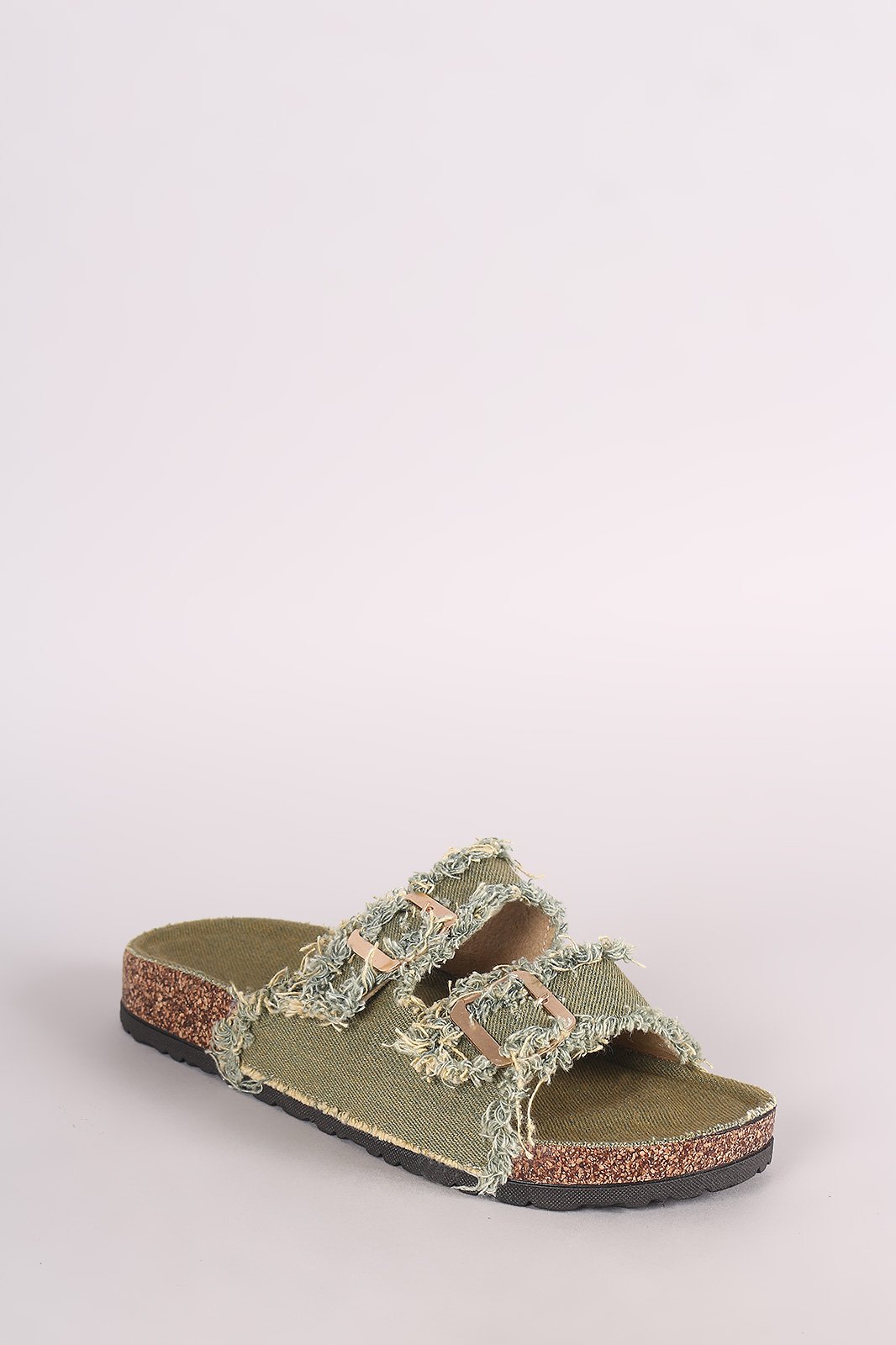 Frayed Denim Open Toe Buckled Cork Footbed Slide Sandal - NoveltyOne