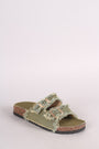 Frayed Denim Open Toe Buckled Cork Footbed Slide Sandal - NoveltyOne