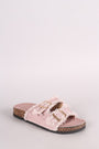 Frayed Denim Open Toe Buckled Cork Footbed Slide Sandal - NoveltyOne