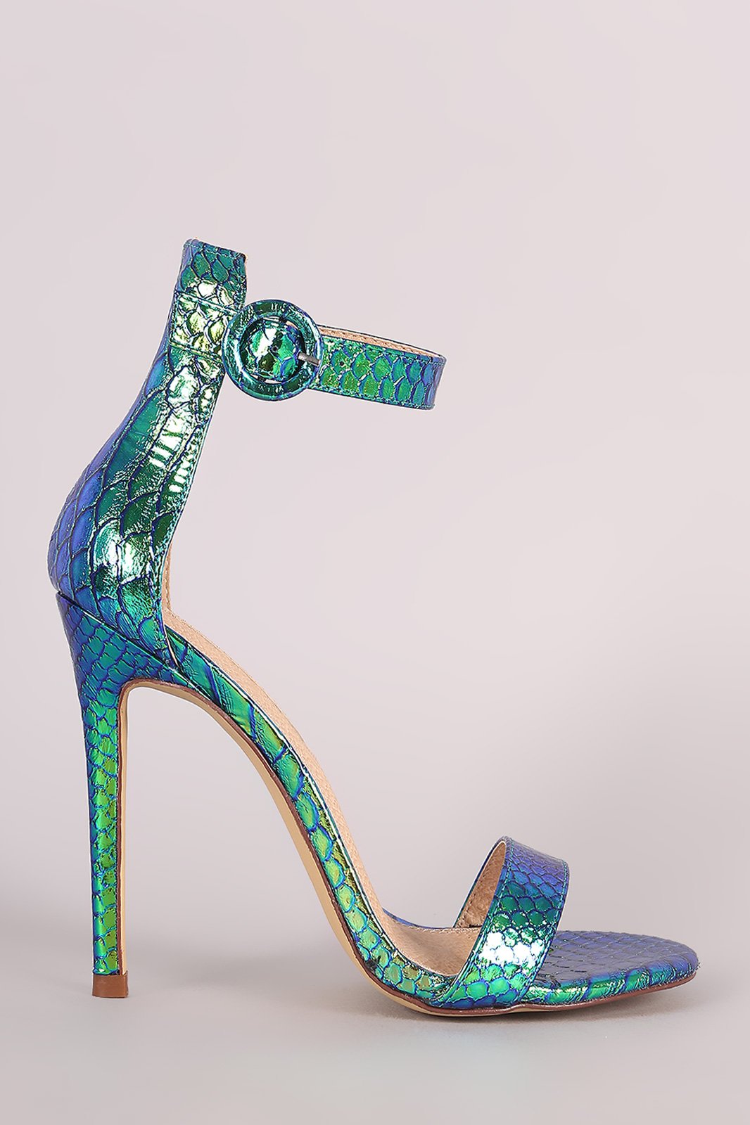Liliana Holographic Snakeskin Ankle Strap Open Toe Stiletto Heel