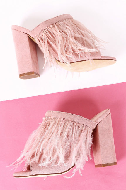 Suede Faux Feather Chunky Mule Heel