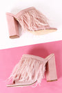 Suede Faux Feather Chunky Mule Heel