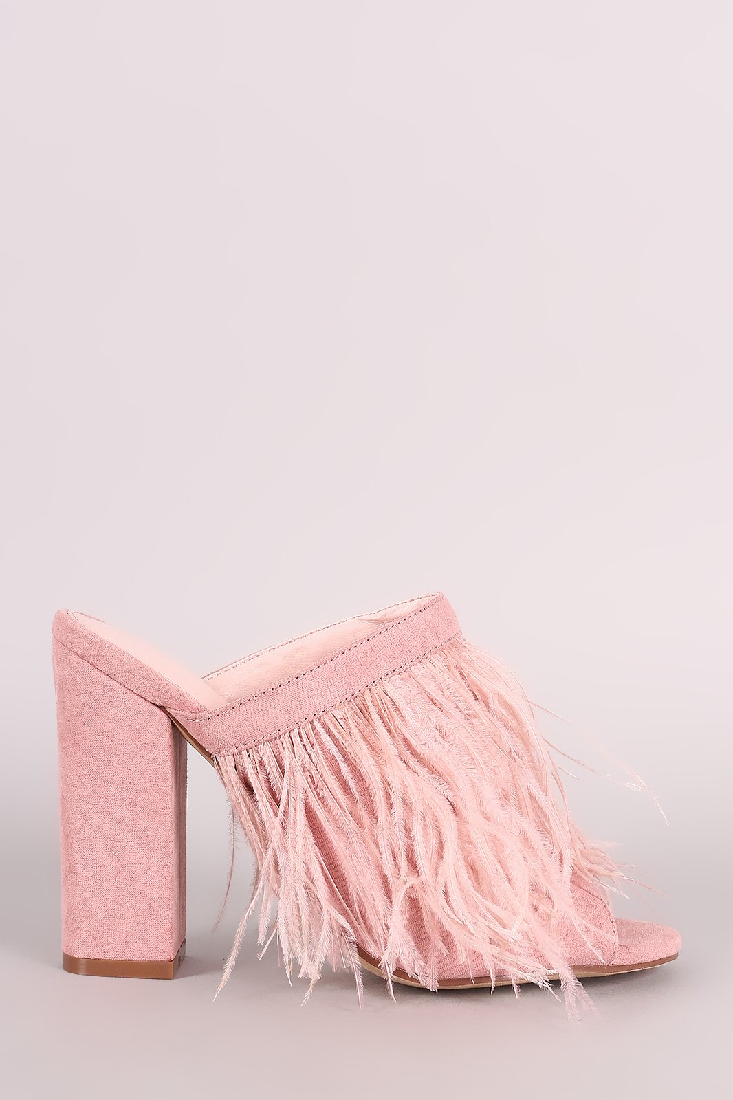 Suede Faux Feather Chunky Mule Heel