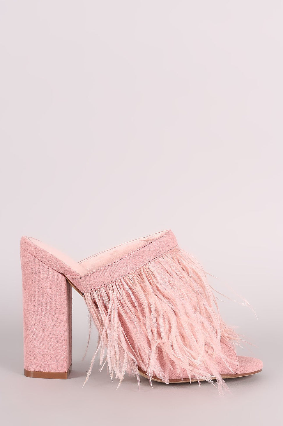 Suede Faux Feather Chunky Mule Heel