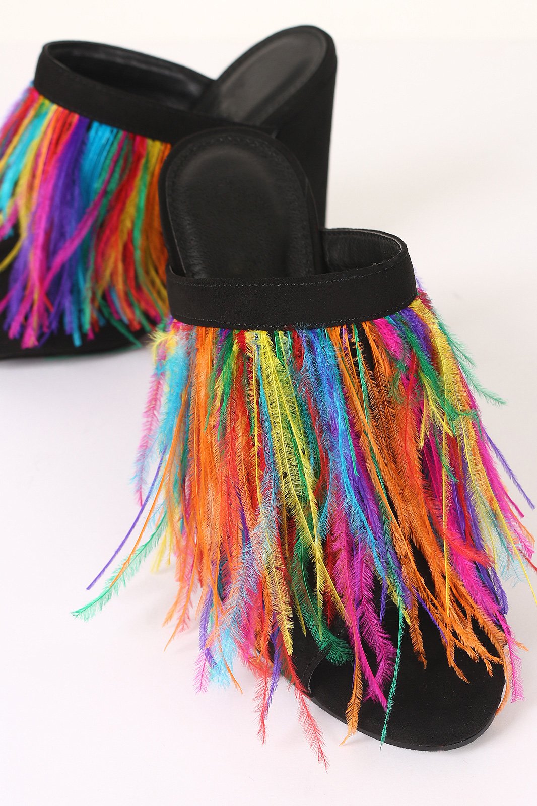 Suede Faux Feather Chunky Mule Heel