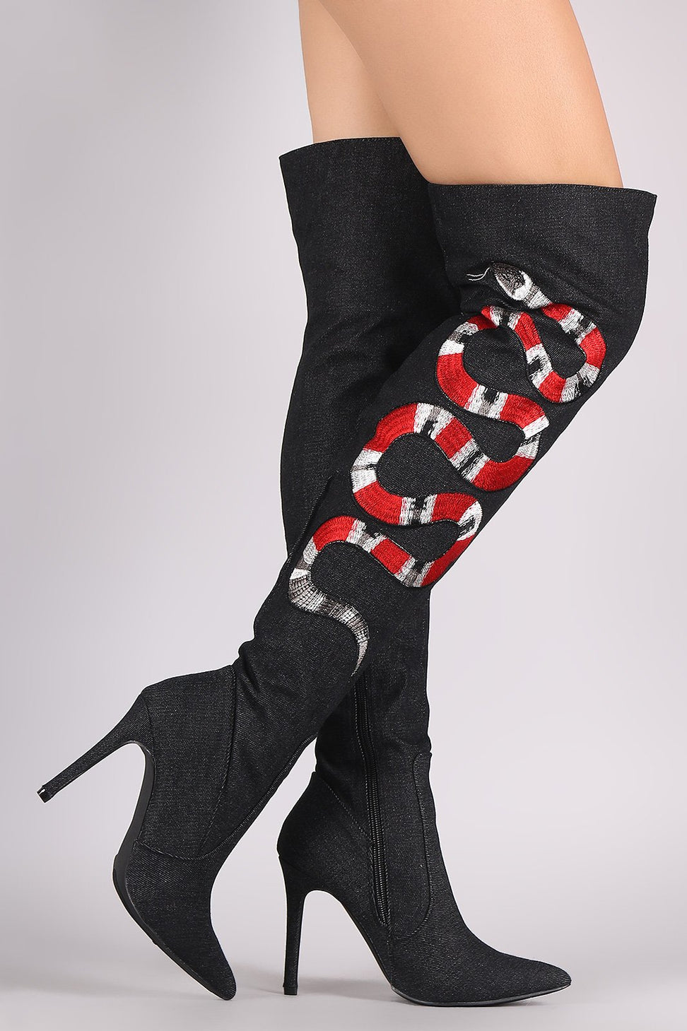 Denim Embroidered Snake Stiletto Over-The-Knee Boots