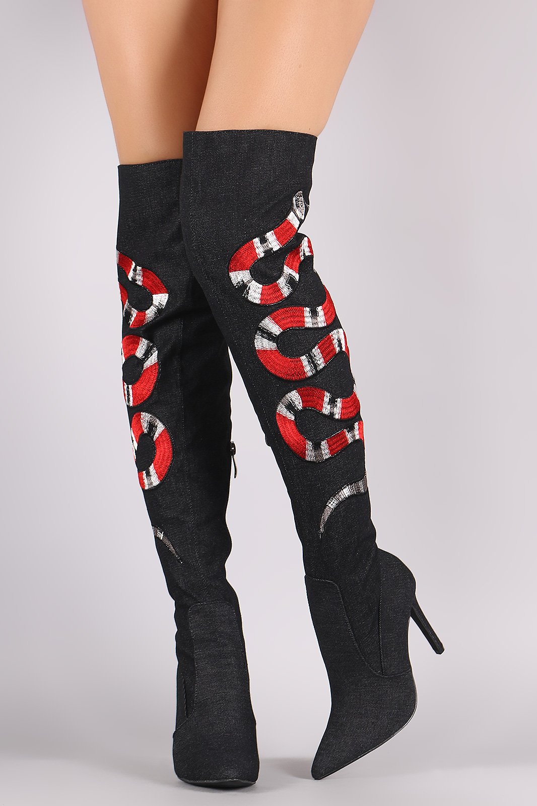 Denim Embroidered Snake Stiletto Over-The-Knee Boots