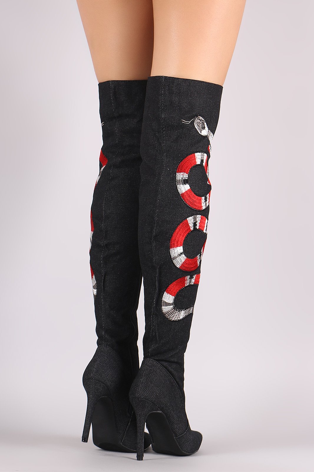 Denim Embroidered Snake Stiletto Over-The-Knee Boots