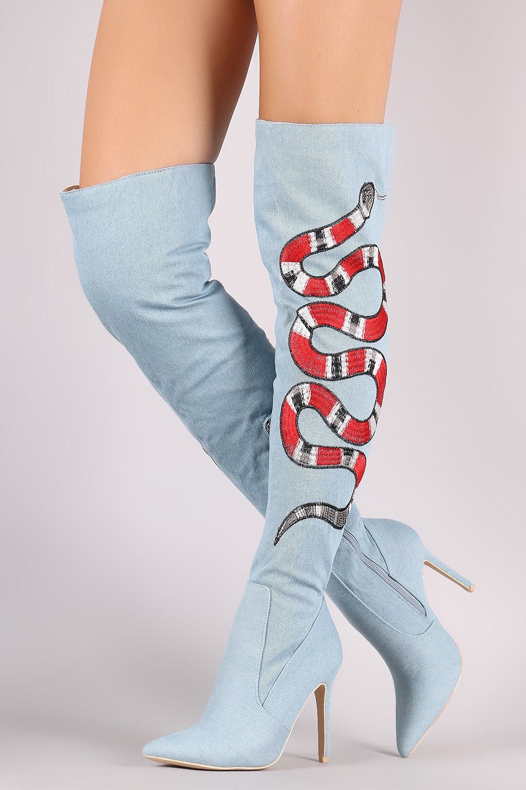 Denim Embroidered Snake Stiletto Over-The-Knee Boots