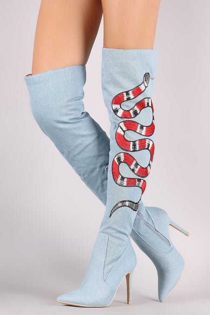 Denim Embroidered Snake Stiletto Over-The-Knee Boots