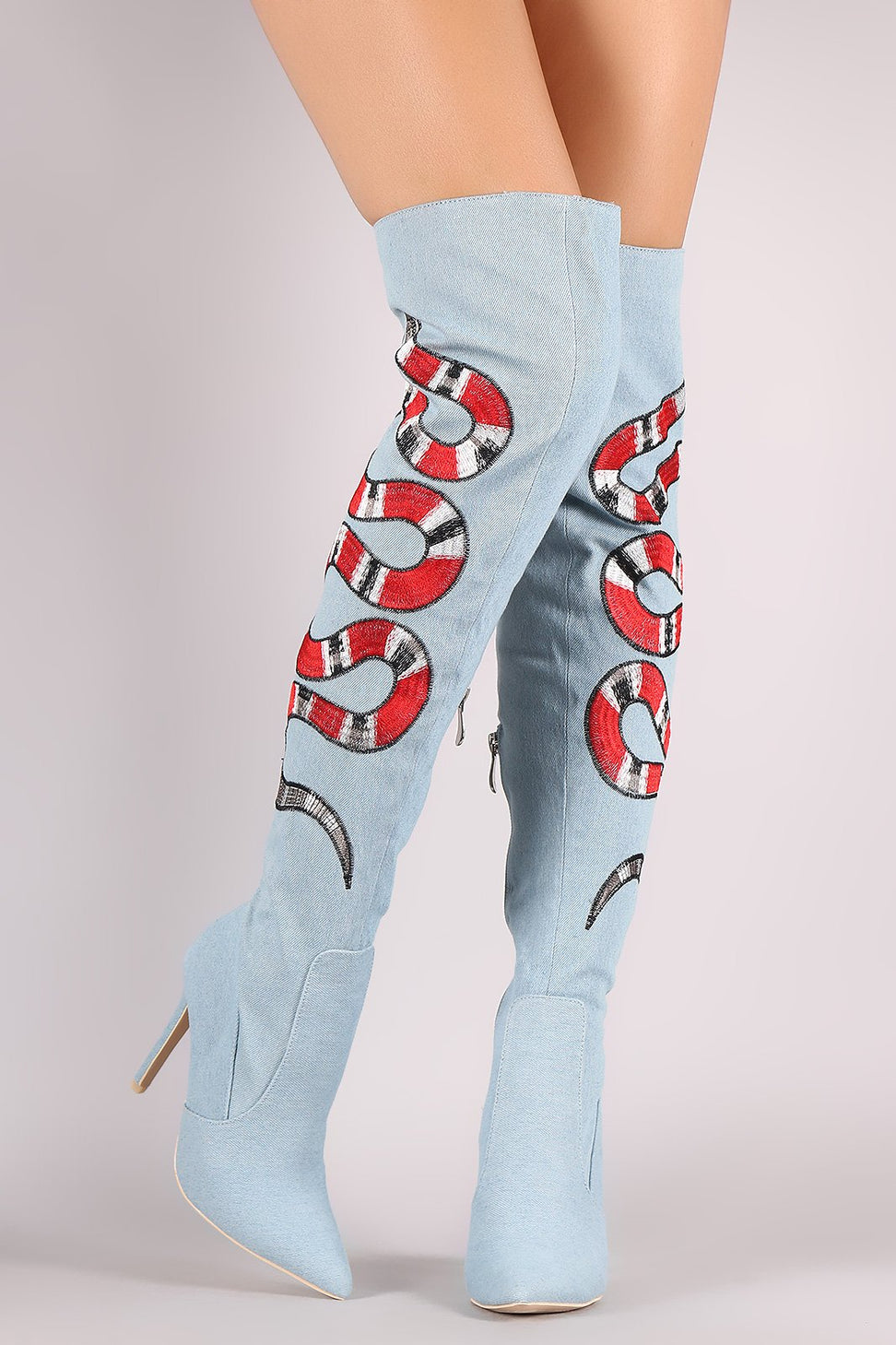 Denim Embroidered Snake Stiletto Over-The-Knee Boots