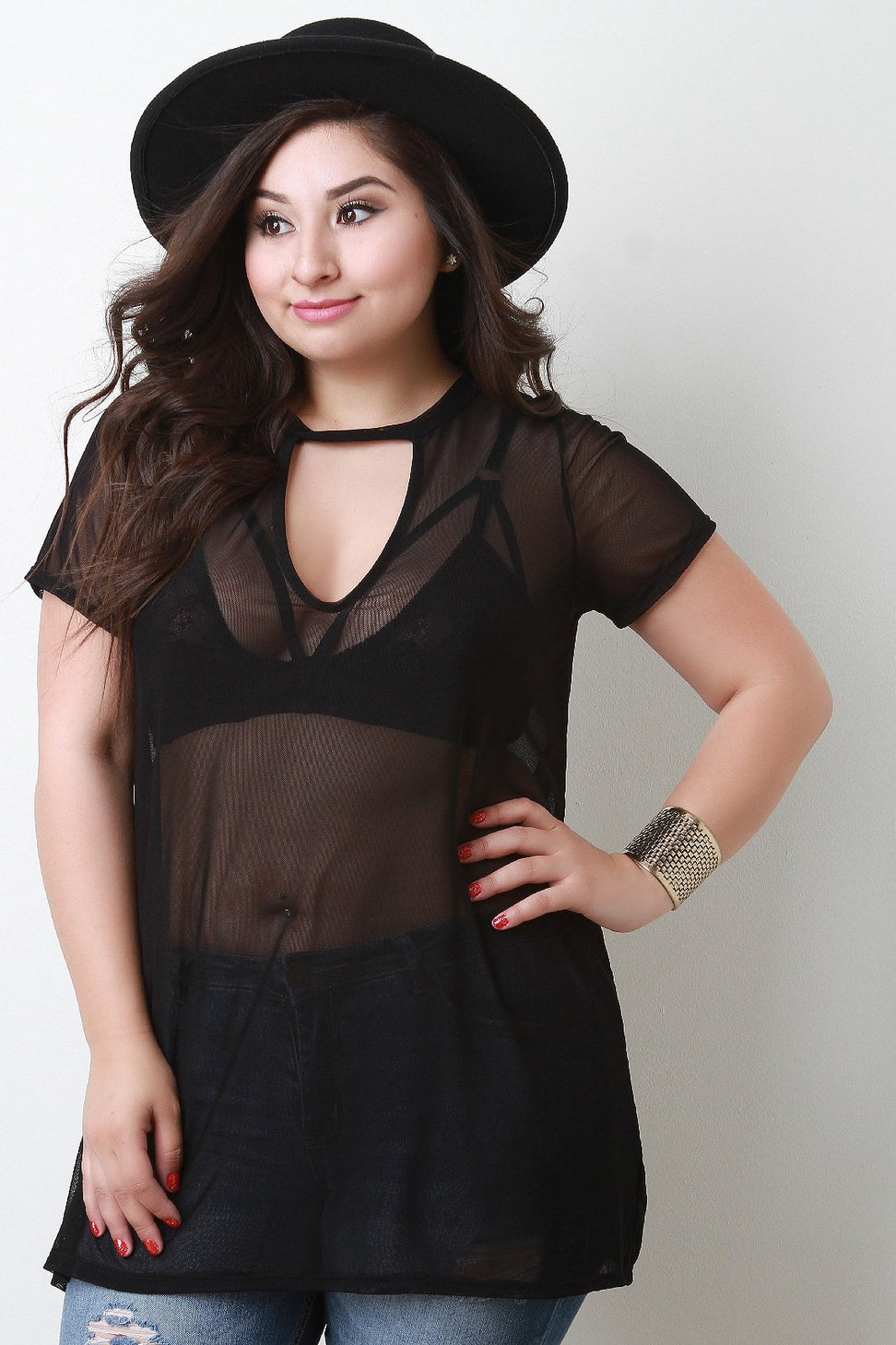 Semi-Sheer Mesh Keyhole Yoke Top