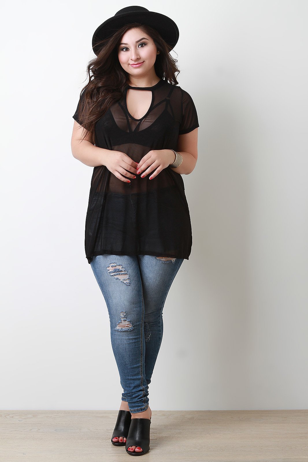 Semi-Sheer Mesh Keyhole Yoke Top