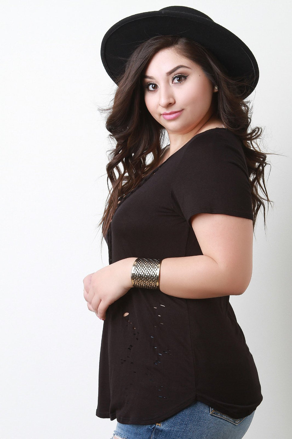 Jersey Knit Braided Cutout Distressed Top