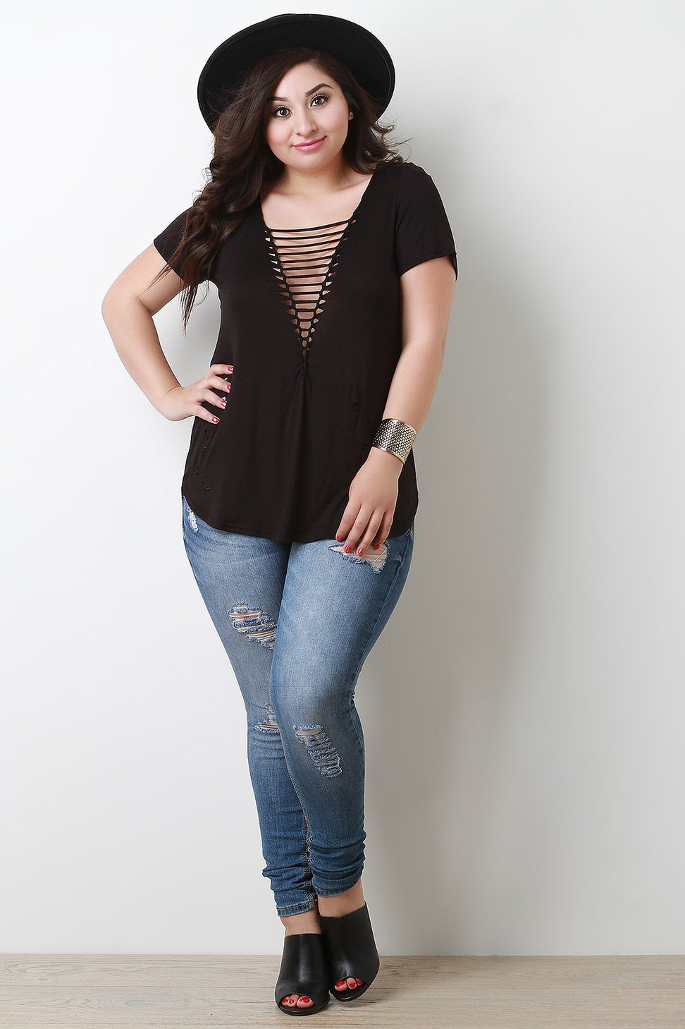 Jersey Knit Braided Cutout Distressed Top